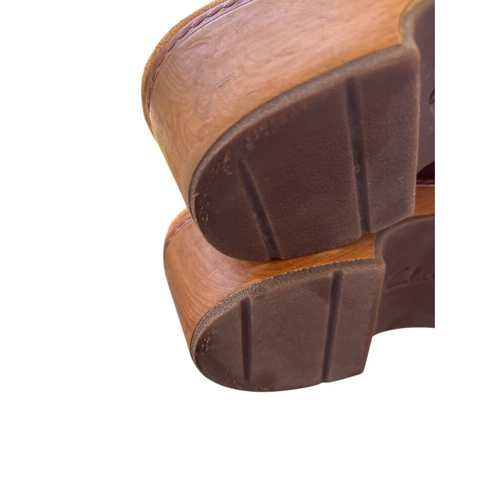 Clarks Collection Paizlee Nora Mules Clogs Size 10 Tan Wood Shoes Boho Suede - Picture 9 of 11